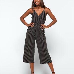 Kaileigh Black and White Pinstripe Wrap Jumpsuit